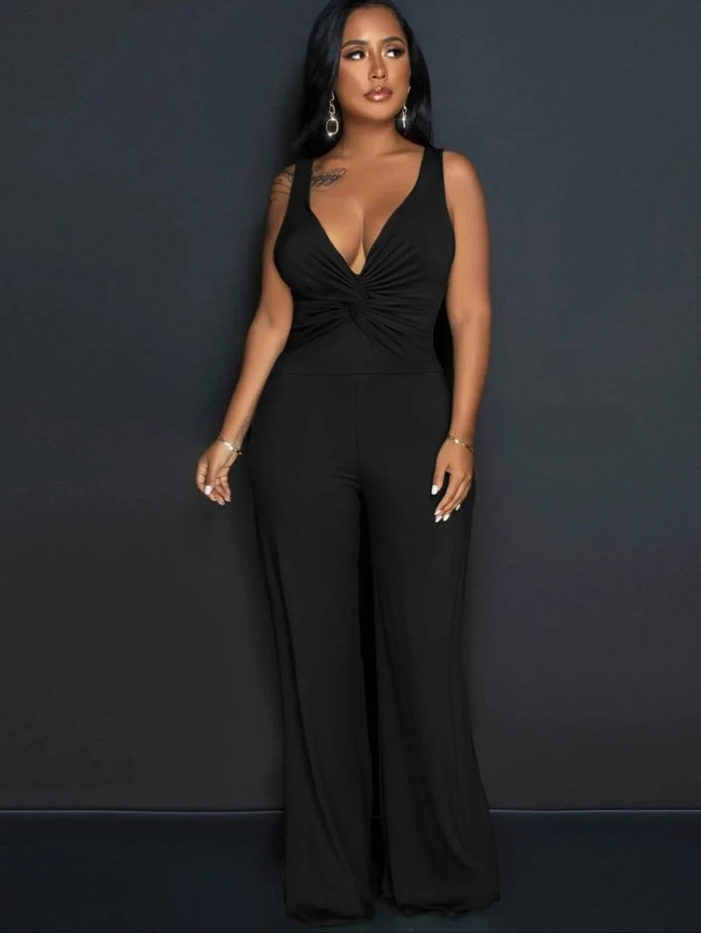 Elegant Sleeveless Sexy V Neck Casual Long Wide Leg Pants Belt, Medium, Black - Picture 2 of 9